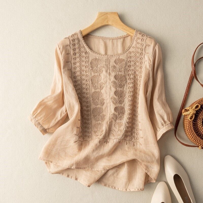 Aumera – Embroidered Relaxed Blouse (Cotton & Linen) - Veryra