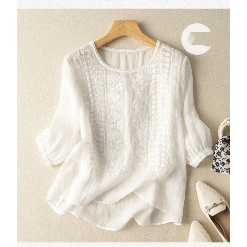 Aumera – Embroidered Relaxed Blouse (Cotton & Linen) - Veryra