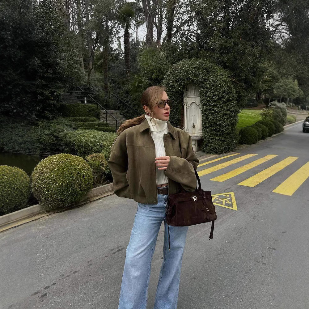 Suede Bomber Jacket Coat - Veryra