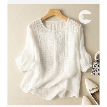 Aumera – Embroidered Relaxed Blouse (Cotton & Linen) - Veryra