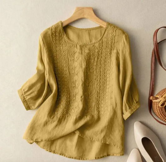 Aumera – Embroidered Relaxed Blouse (Cotton & Linen) - Veryra